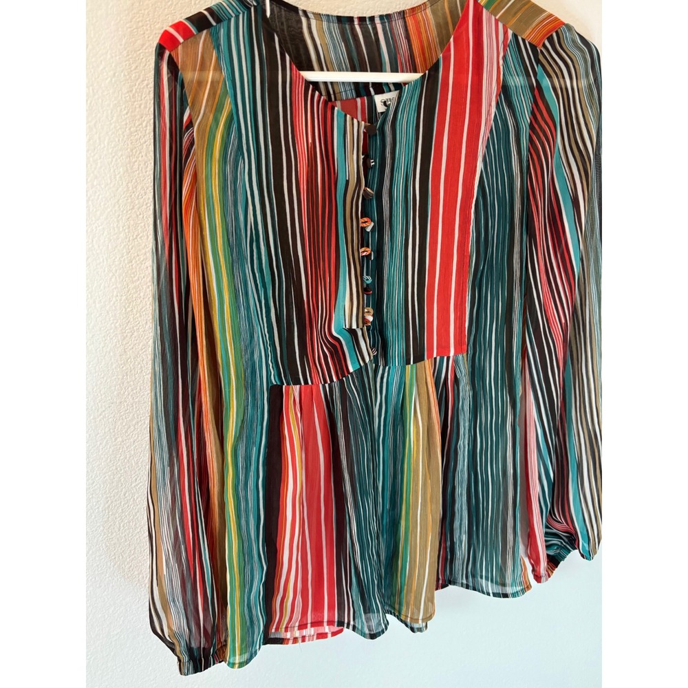 Sussan Multicolor whimsey Stripe Sheer Button Front Blouse Size 8 Boho Top